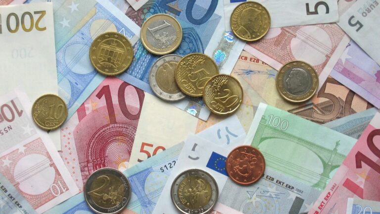 mehrere Euro-Scheine, -Münzen und Centstücke -