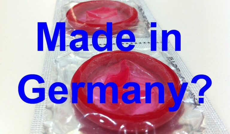 Text: "Made in Germany?", Hintergrund: Kondome
