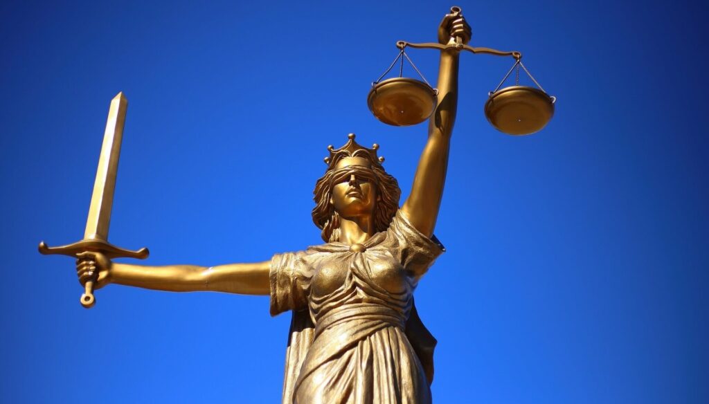 Lady Justice vor blauem Hintergrund